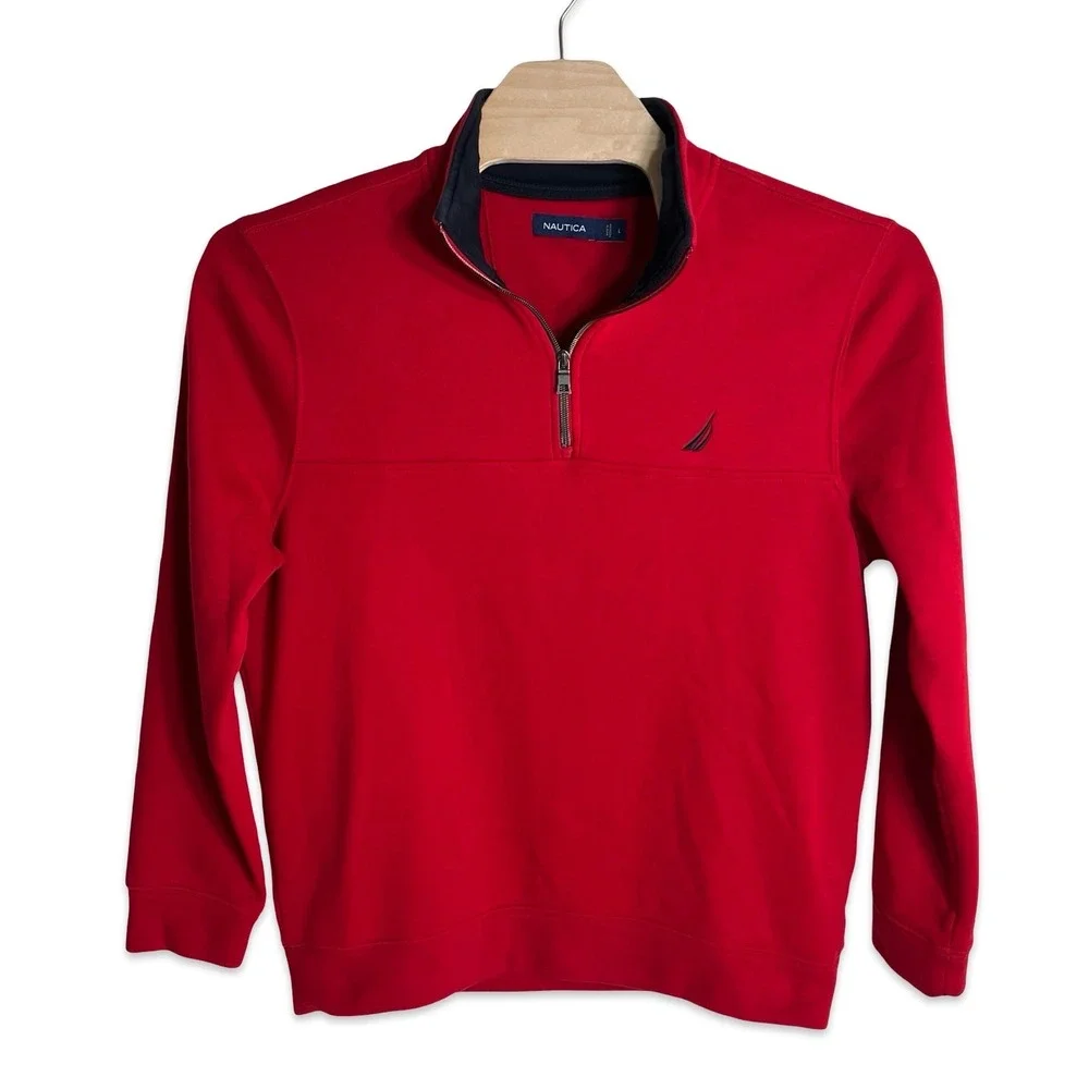 Nautica Mens Large Red Quarter Zip Pullover Sweatshirt Mock Neck J-Class Logo